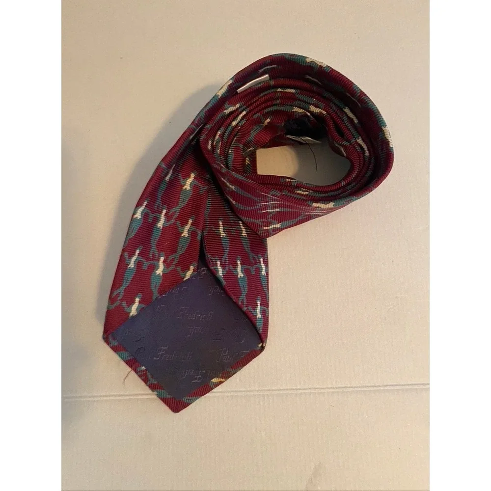 Paul Fredrick Mens Silk Necktie Burgundy Novelty Dancing Figures Pattern USA